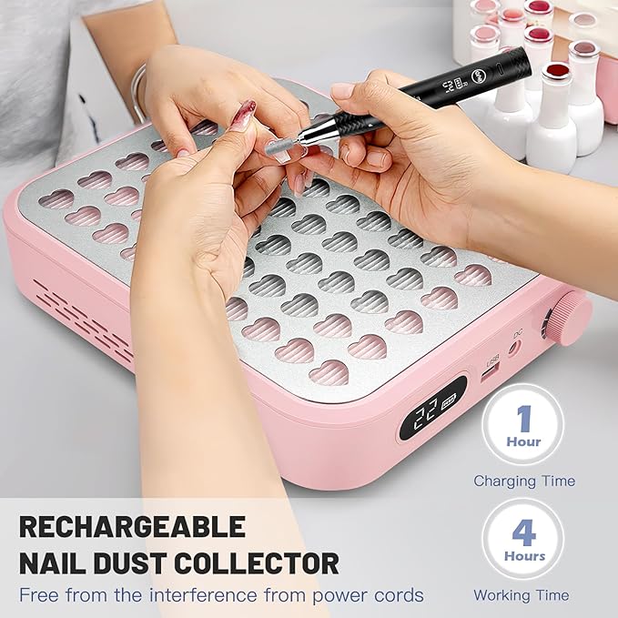 Rechargeable Cordless Nail Dust Collector: Powerful Quiet Nail Fan Vacuum Dust Collector with 2 Filters 1 Brush, Nail Vent Dust Extractor Cleaner for Acrylic Gel Nail Polishing Nail Tech Use, Pink
