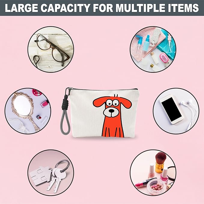 Funny Make Up Bag For Woman, Cosmetic Bag With Hand Strap - Orange Dog - Lined Toiletry Bag - Comic Theme Pouch, Organizer With Zipper, Women Essentials & Accessories - B03
