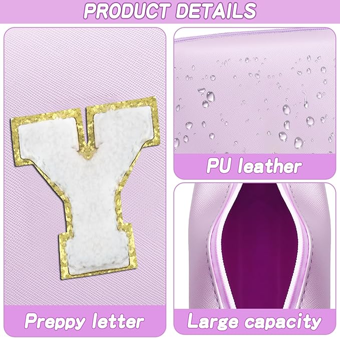 Gifts for Girls Initial Makeup Bag Personalized Cosmetic Bag with Zipper Cute Travel Toiletry Bag Waterproof PU Preppy Makeup Pouch Birthday Gift for Teen Girls Women(Purple Y)