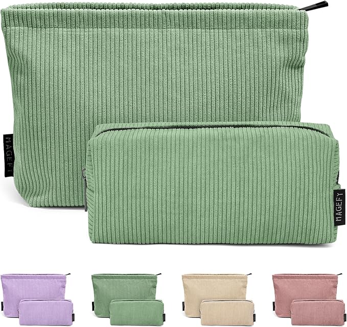 MAGEFY Makeup Bag 2 PCS Corduroy Make up Bag for Purse Travel Cosmetic Bag for Women Small Makeup Pouch Cute Makeup Brush Bag Preppy Stuff Travel Essentials - Green