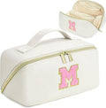 for Christmas Day Gifts, Makeup Bag for Women, PU Leather Travel Toiletry Bags, Initial Make Up Cosmetic Pouch for Teen Girls, Wide Open Portable Skincare Bag, Personalized Birthday Gifts, White M