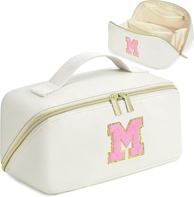 for Christmas Day Gifts, Makeup Bag for Women, PU Leather Travel Toiletry Bags, Initial Make Up Cosmetic Pouch for Teen Girls, Wide Open Portable Skincare Bag, Personalized Birthday Gifts, White M