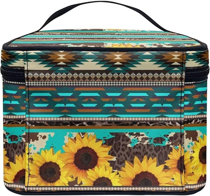 Western Aztec Sunflower Makeup Bag for Women Ladies Classic Cheetah Leopard Pattern Portable Cosmetic Bag with Zipper and Carry Handle Make Up Tote Bags Boho Tribal Toiletry Case Organizer