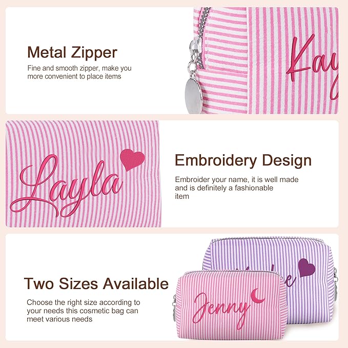 Yofair Personalized Makeup Bag with Bith Flower, Large Capacity Travel Toiletry Case Teen Girl Gift Trendy Stufff Custom Seersucker Cosmetic Bags Birthday Gifts for Girls Women