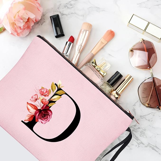 Vavabox A-Z Personalized Makeup Bag, Birthday Gifts for Women Mom, Gifts for Best Friend, Bride Bridesmaid Cosmetic bag (D, Pink)