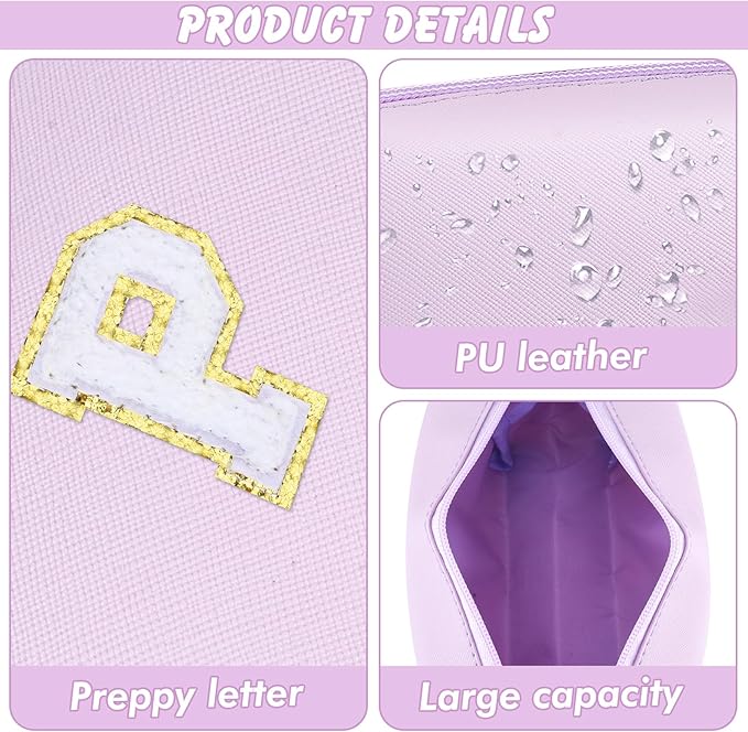 Gifts for Girls Initial Makeup Bag Personalized Cosmetic Bag with Zipper Cute Travel Toiletry Bag Waterproof PU Preppy Makeup Pouch Birthday Gift for Teen Girls Women(Purple P)