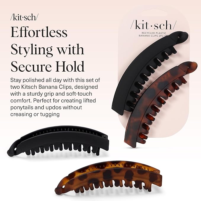 Kitsch Banana Clip – Retro 80’s Style Hair Clips for Women, Secure & Durable No Crease Banana Clips for Styling, Ponytails & Updos | Ideal Gifts for Women – Black & Tort, 2pc Set