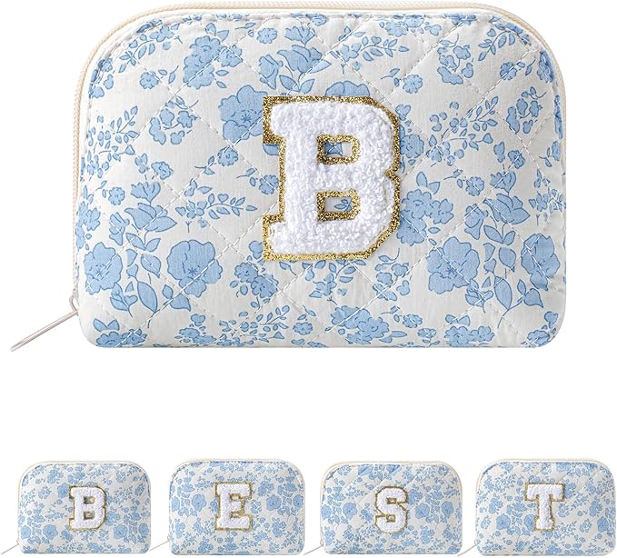 JOVAKIT Conch Alphabet Makeup Bag Cosmetic Bag for Women, Christmas Gifts for Women Girls, Blue Floral Coquette Travel Bag, Zipper Make Up Pouch Organizer Trendy Stuff (Blue Floral B)
