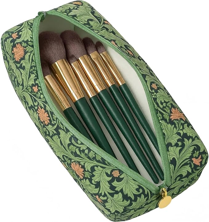 Floral Cotton Makeup Brush Cosmetic Bag for Women & Men, Travel Quilted Zipper Pouch, Large Capacity Flowers Toiletry Organizer, Kawaii Makeup Storage Case, Cosmetic Travel Cloth Bag-Garden Green