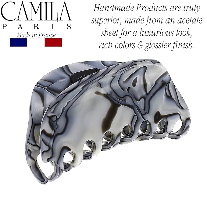 Camila Paris CP2958 French Hair Ponytail Holders Ties, Flower, Handmade, Gray, Strong Hold Grip Hair Clips for Women, No Slip and Durable Styling Girls Hair Accessories, Made in France