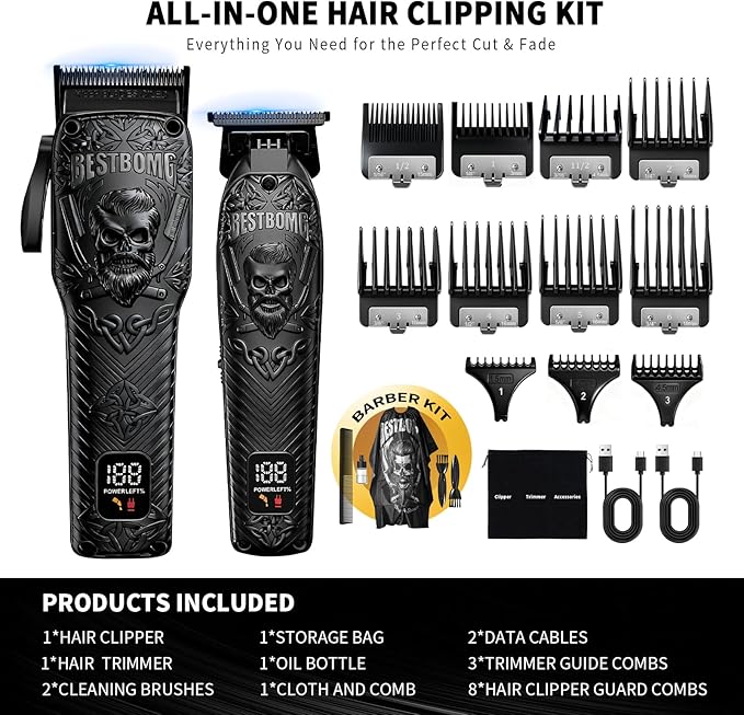 Professional Cordless Mens Hair Clippers & Beard Trimmer Kits & Sets,Metal Hair Clippers Cutting Grooming Kit with Long Battery Life for Family Barber Use (Black)