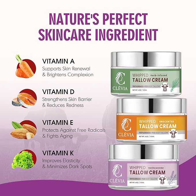 Beef Tallow Moisturizer with Organic Jojoba Oil 4 oz - Ancestral Anti-Wrinkle Skincare - Grass Fed Tallow Cream for Face & Body - Whipped Tallow Balm for Dry & Sensitive Skin Repair | Unscented