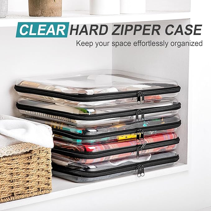 Sanwuta 6 Pcs Clear Hard Zipper Case Hard Plastic Zipper Pouches Makeup Bag Pencil Pouches Transparent Cases for Snacks Plastic Storage Organizer Box for Travel(Black,13.78 x 11.81 x 2 Inch)