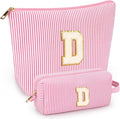 2 PCS Initial Makeup Bags for Women: Cosmetic Bag for Travel Toiletry - Birthday Gifts for 11 12 13 14 15 16 17 18 Years Old Girl Graduation Teacher Gift- Teen Girl Gifts Trendy Stuff - Pink D
