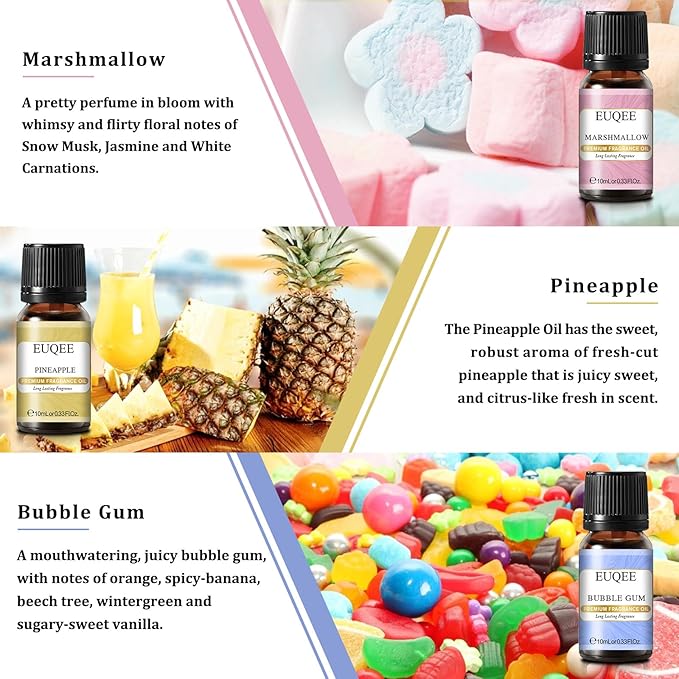 EUQEE Summer Fragrance Oil Gift Set of 6，Holiday Island Essential Oils Set for Humidifier, Aromarathepy-Pineapple, Coconut, Sea Breeze, Bubble Gum, Bay Rum, Marshmallow(10ml)