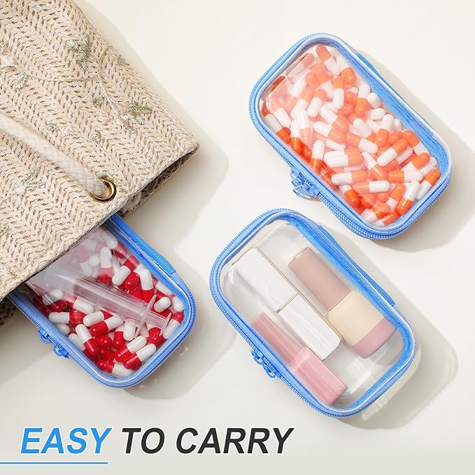 Hoolerry 3 Pcs Clear Hard Zipper Case Plastic Pouch Transparent Hard Case Clear Makeup Bag Portable Travel Organizer Bin for Cosmetics, Building Blocks, Puzzles(Blue,Xs)