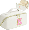 for Christmas Day Gifts, Makeup Bag for Women, PU Leather Travel Toiletry Bags, Initial Make Up Cosmetic Pouch for Teen Girls, Wide Open Portable Skincare Bag, Personalized Birthday Gifts, White K