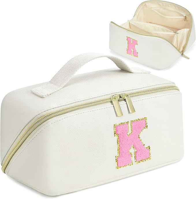 for Christmas Day Gifts, Makeup Bag for Women, PU Leather Travel Toiletry Bags, Initial Make Up Cosmetic Pouch for Teen Girls, Wide Open Portable Skincare Bag, Personalized Birthday Gifts, White K