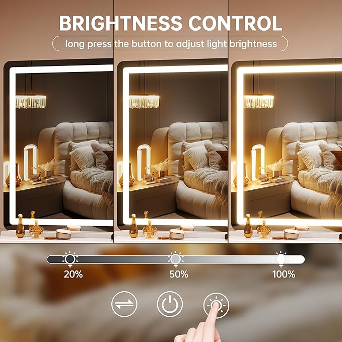 Hasipu Vanity Mirror with Lights, 50.2" x 34" LED Makeup Mirror, Lighted Makeup Mirror with Dimmable 3 Modes, Touch Screen Control Vanity Mirror Round White