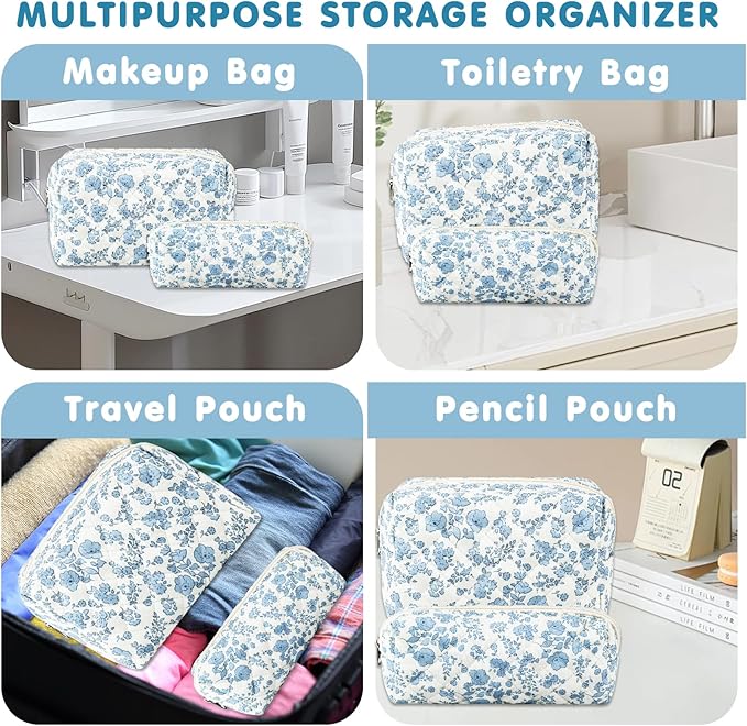 2Pcs Floral Makeup Bag for Women Cotton Quilted Small Coquette Cosmetic Bag Cute Zipper Blue Flower Makeup Pouch Aesthetic Portable Pencil Case Travel Toiletry Bag Trendy Cloth Skincare Bag