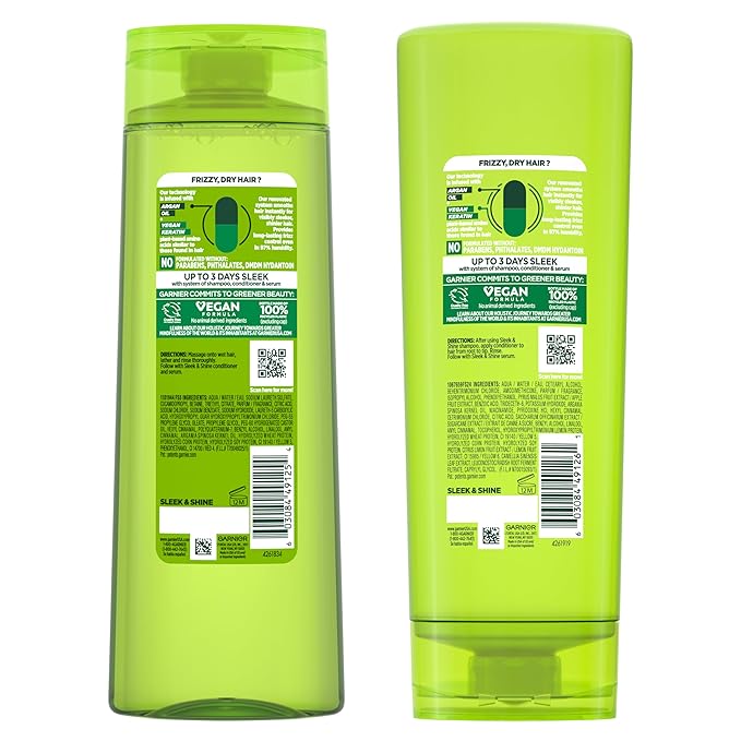 Garnier Fructis Sleek & Shine Shampoo (22 Fl Oz) + Conditioner (21 Fl Oz) Set for Frizzy, Dry Hair, Plant Keratin + Argan Oil (2 Items), 1 Kit (Packaging May Vary)