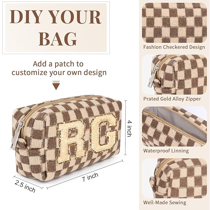 SOIDRAM Checkered Makeup Bag Preppy Cosmetic Bag Bulk Brown Makeup Pouch Personalize Travel Toiletry Bag Organizer Cute DIY Makeup Brushes Storage Bag for Women