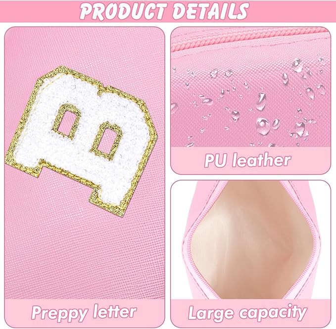 Initial Makeup Bag Personalized Preppy Travel Small Cosmetic Bag Cute PU Pink Chenille Letter Makeup Pouch for Purse Waterproof Zippered Toiletry Organizer for Women Girls Kids Friends（B）