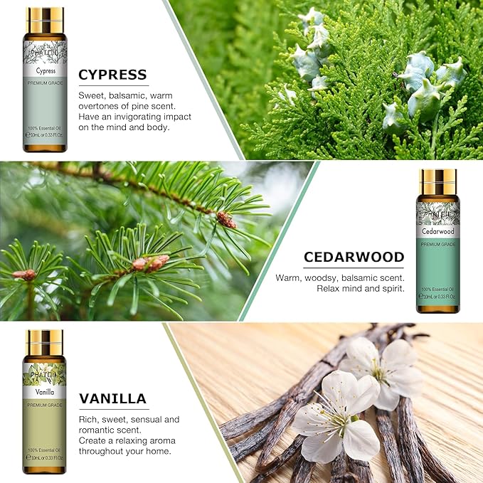 PHATOIL Premium Essential Oil Set - 9x10ML Pure Essential Oils for Massage, Aromatherapy, Diffusers, DIY - 0.33FL.OZ/Bottle