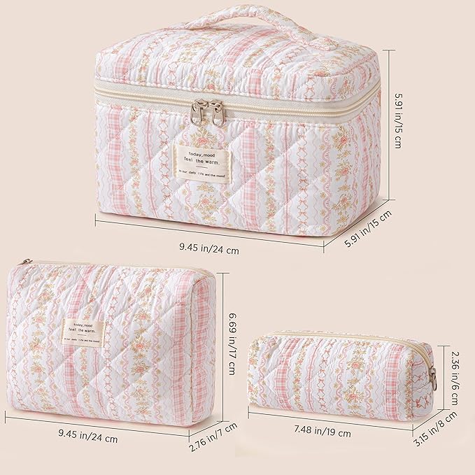 HBselect Quilted Makeup Bag, 3PCS Cotton Large Travel Makeup Bag, Cute Floral Coquette Make up Bag Cosmetic Bag Toiletry Bag for Women Girls