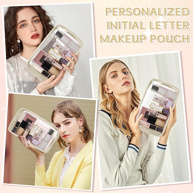 Personalized Initial Clear Makeup Bag, Travel Chenille Patch Cosmetic Bag, Preppy Toiletry Bag Monogram Cosmetic Pouch with Zipper, Ideal Gift for Teen Girls Women (Clear-Beige, I)