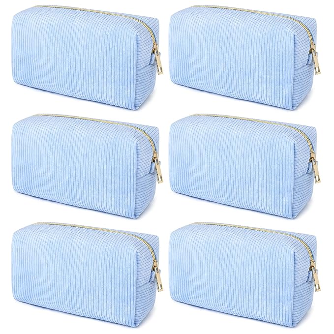 SOIDRAM 6PCS Bridesmaid Proposal Gifts Corduroy Blue makeup bag bulk for Wedding Party Favors Bachelorette party decorations Toiletry Organizer Bag Cosmetic Case Gift