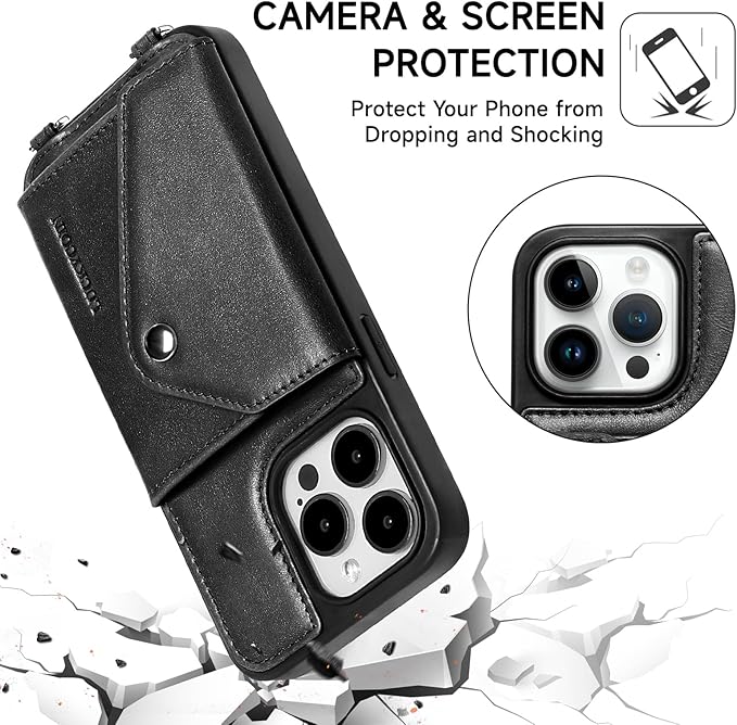 LUCKYCOIN Crossbody Wallet Phone Case for iPhone 14 Pro Max,100% Genuine Leather Wallet Phone Case with Expandable Flip Card Holder,Phone Purse for Women with Adjustable Removable Strap - Black