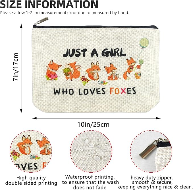 Fox Makeup Bags for Women, Cute Fox Themed Gifts for Girls, Just A Girl Who Loves Foxes Cosmetic Pouch for Mom Teens Daughter Sister Bestie, Funny Animal Lovers Stuff Birthday Christmas Decorations