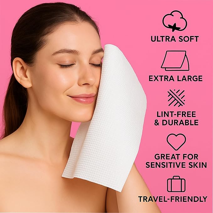 XL Disposable Face Towels – 50 Count Ultra-Soft 100% Viscose Lint-Free Dry Wipes for Makeup Removal & Skincare, Hygienic Facial Towelettes for Sensitive Skin, Travel & Daily Use
