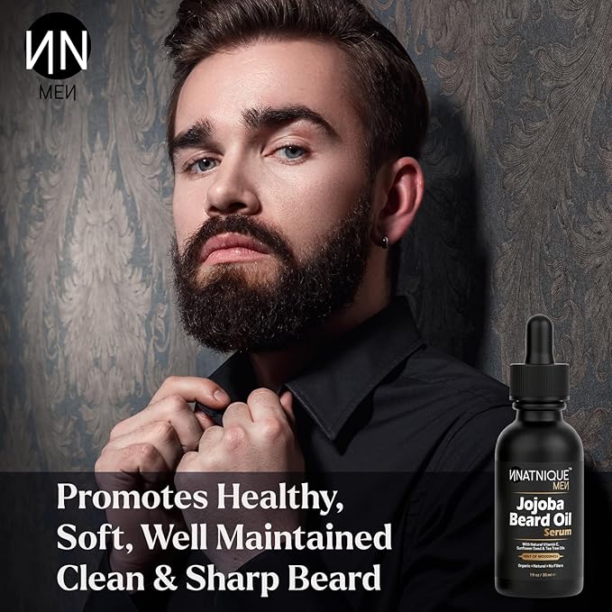 Natnique Jojoba Beard Oil for Men with Vitamin E & Tea Tree – Organic Conditioner & Growth Oil – Moisturizer for Facial Hair, Mustache & Dry Skin – Softener for Itch, Dandruff & Grooming Care – 1 oz