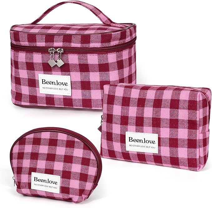FAELBATY Makeup Bag Large Checkered Fabric Toiletry Organizer Bag for Women Girls (Rose Red)