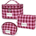 FAELBATY Makeup Bag Large Checkered Fabric Toiletry Organizer Bag for Women Girls (Rose Red)