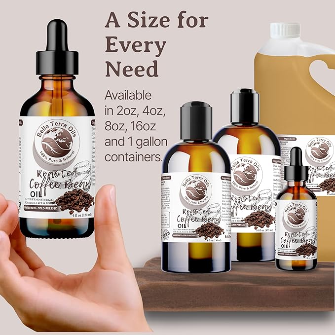 Bella Terra Oils Roasted Coffee Bean Oil for Skin and Hair – 1gallon, Cold Pressed Carrier Oil, Hydrating, Nourishing, Fast Absorbing