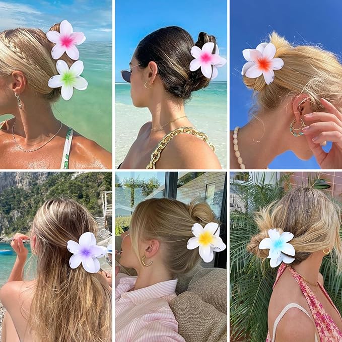 Flower Hair Clips 6 PCS Hawaiian Claw Clips for Vacation Hibiscus Hair Claw Clips Cute Large Hair Clips for Thick and Thin Hair Plumeria Hair Accessories for Women Girls -White Colorful