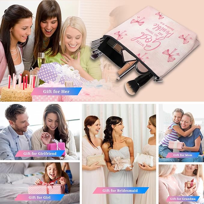 Bible Makeup Bag for Women, Christian Gifts for Women, Prayer Bible Supplies, Cute Aesthetic Coquette Pink Bow Cosmetic Bag Pouch