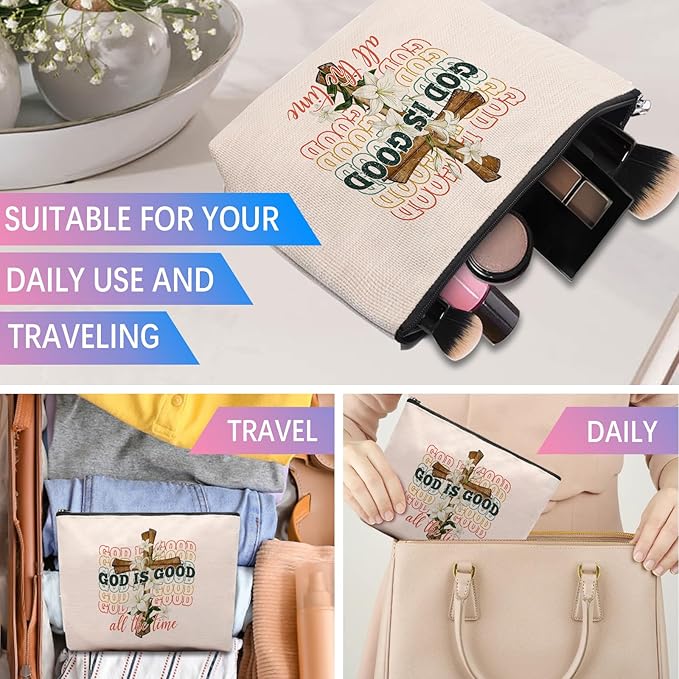 Pink Bible Makeup Bag for Women, Inspirational Christian Gifts for Women, Church Prayer Bible Supplies, Cute Aesthetic Pink God is Good Cosmetic Bag Pouch