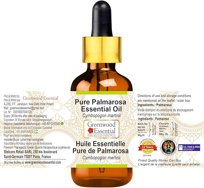 Greenwood Essential Pure Palmarosa Essential Oil (Cymbopogon martinii) with Glass Dropper Steam Distilled (Pack of Two) 100ml X 2 (6.76 oz)