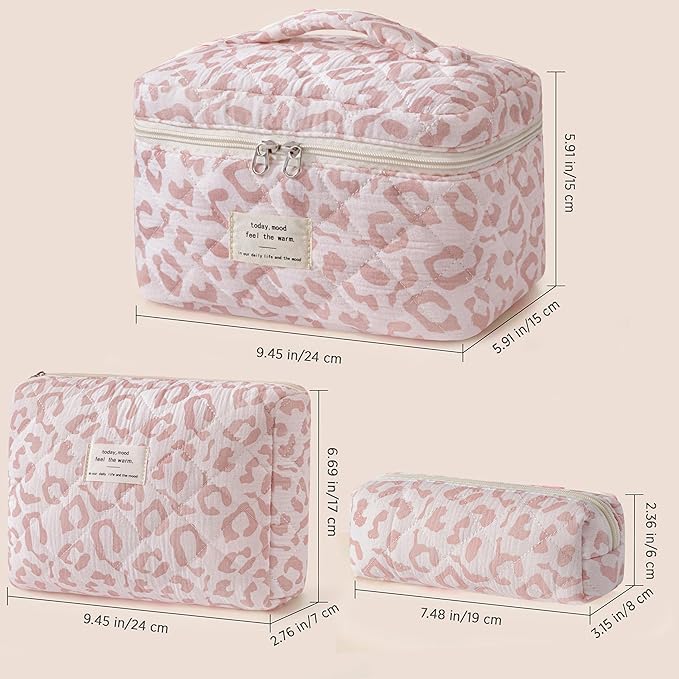 HBselect Quilted Makeup Bag, 3PCS Cotton Large Travel Makeup Bag, Cute Floral Coquette Make up Bag Cosmetic Bag Toiletry Bag for Women Girls