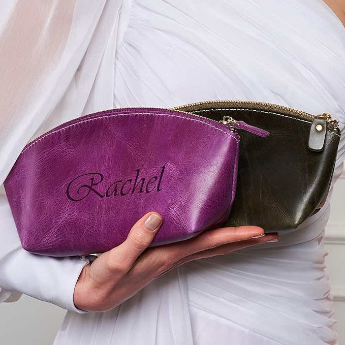 Luxury Personalized Leather Makeup Bags Crafted in USA, Full-Grain Leather Cosmetic Bag Engraved Name Initials or Logo, Birthday Anniversary Christmas or Mother Gift, Italian Zipper, Purse for Women