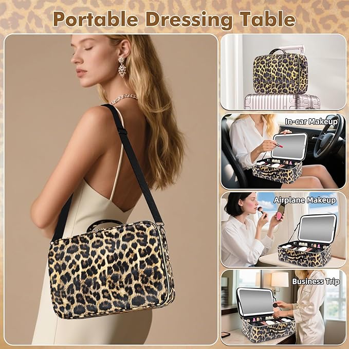 15''X11'' Large Makeup Bag with Removable Lighted Mirror, Professional Travel Make up Bag with Mirror and Light Cosmetic Train Case Organizer, PU Leather with Adjustable Dividers & Brush Storage Board