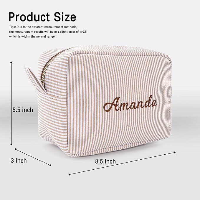 MT WORLD Cosmetic Bag Personalized Makeup Bag for Women Girls Seersucker Preppy Bridesmaid Makeup Bag Cute Aesthetic Toiletry Bag Girls Handbags Purses (Brown)