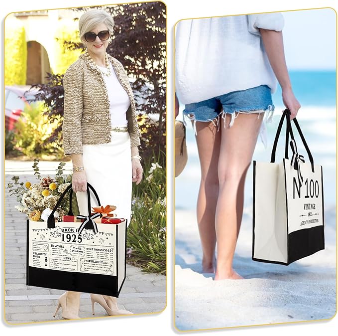 100th Birthday Gifts for Women Canvas Tote Bag Travel Gear,Unique 100 Years Old Gifts for Wife Mom Sister Aunt Friends Her, Vintage N°100 Handbag & Cosmetic Bag & Back in 1925 Poster