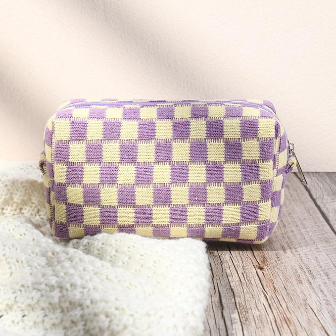 SOIDRAM 2 Pcs Checkered Makeup Bag Large Cosmetic Bag Toiletry Bag Makeup Pouch Travel Bag Organizer Cute Makeup Brushes Aesthetic Accessories Storage Bag for Women Purple