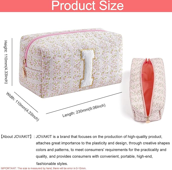 JOVAKIT Alphabet Makeup Bag Cosmetic Bag for Women, Christmas Gifts for Girls Age 6-18, Floral Flowers Coquette Travel Toiletry Zipper Make Up Pouch Organizer Trendy Stuff (Pink Floral I)