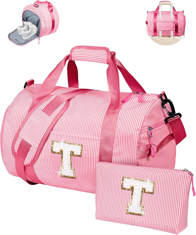 Dance Recital Gifts, Girls Travel Duffle Bag, Kids Initial Overnight Bags with Shoe Compartment, Personalized Weekend Bag with Makeup Pouch, Gifts for 3 4 5 6 7 Year Old Kid (Letter T)
